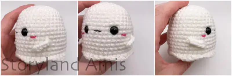 A collage shows a completed baby amigurumi ghost from four different sides.