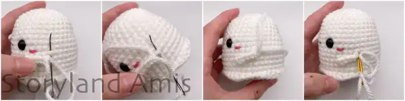 In a collage featuring four photos, a hand demonstrates how to sew arms to the body of an amigurumi ghost.