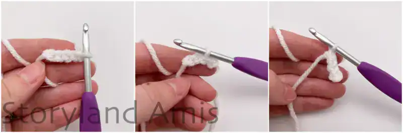 A collage with step-by-step photos showing how to crochet arms for an amigurumi ghost. A hand demonstrates how to crochet amigurumi ghost arms using a purple crochet hook.