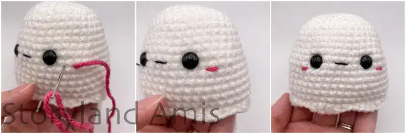 A collage with step-by-step photos showing how to embroider the cheeks on an amigurumi ghost's face.