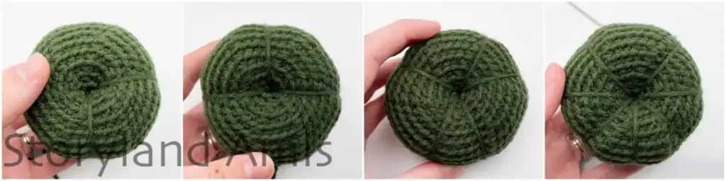 A collage with step-by-step photos showing how to create the ridges on an amigurumi pumpkin with the yarn tail and tapestry needle.