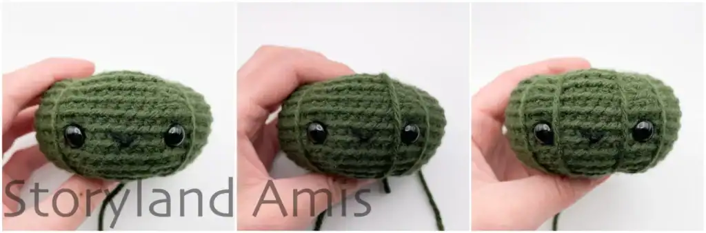 A collage with step-by-step photos showing how to create the ridges on an amigurumi pumpkin with the yarn tail and tapestry needle.