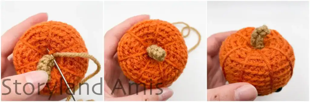 A collage with photos showing how to sew the stem to the top of an amigurumi pumpkin.