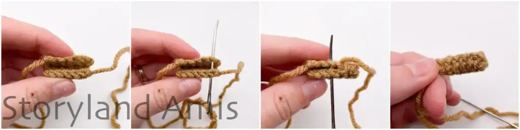 In a collage photo, a hand demonstrates how to sew the crocheted stem closed for an amigurumi pumpkin.