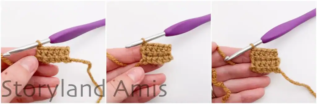 A collage photo showing step-by-step how to crochet an amigurumi pumpkin stem.