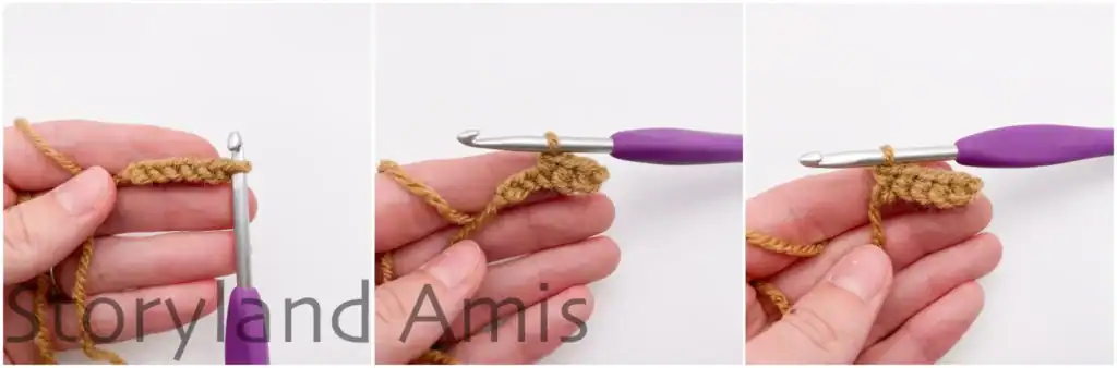A collage photo showing step-by-step how to crochet an amigurumi pumpkin stem.
