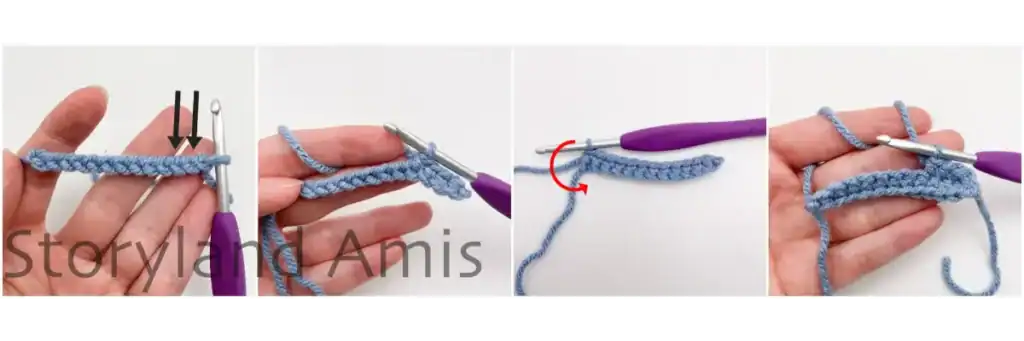 A collage with process photos showing how to crochet into both sides of a foundation chain.