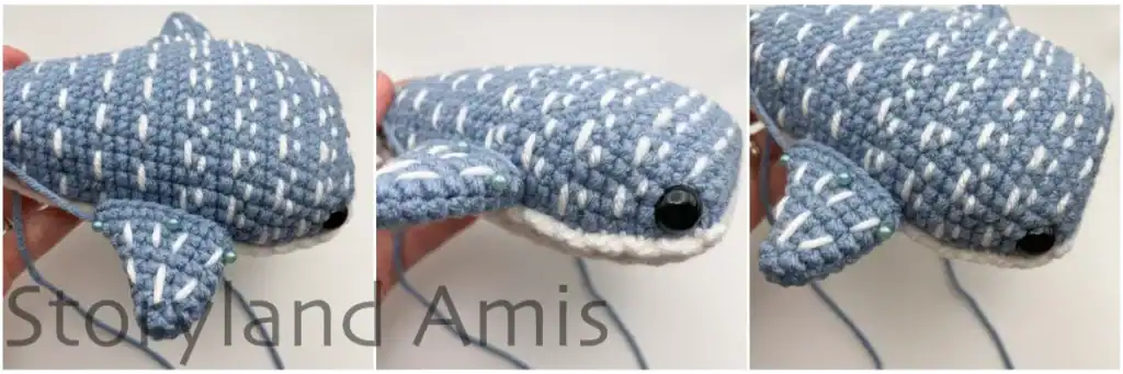 A collage showing where to place the fins on an amigurumi whale shark.