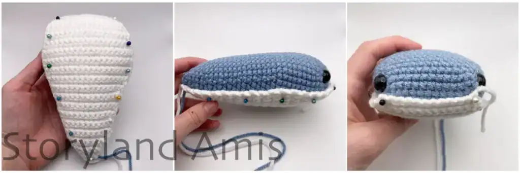 A collage with process photos showing how to place the belly piece on a crocheted whale shark.