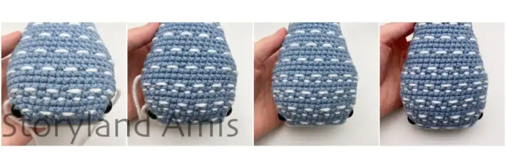 A collage showing the back of an amigurumi whale shark 