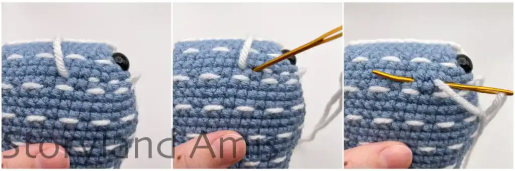 A collage with process photos showing how to embroider stripes on the back of an amigurumi whale shark.