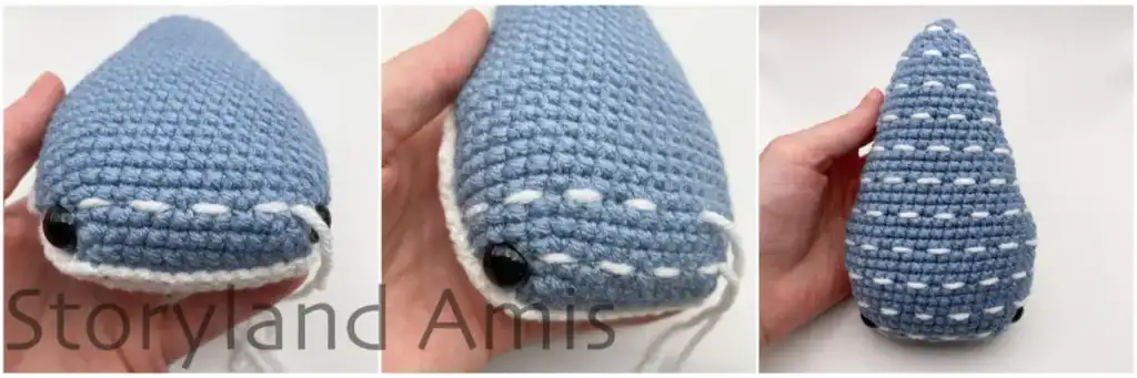 A collage with process photos showing how to embroider stripes on the back of an amigurumi whale shark.