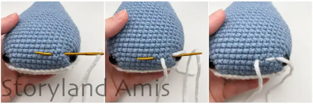 A collage with process photos showing how to embroider stripes on the back of an amigurumi whale shark.