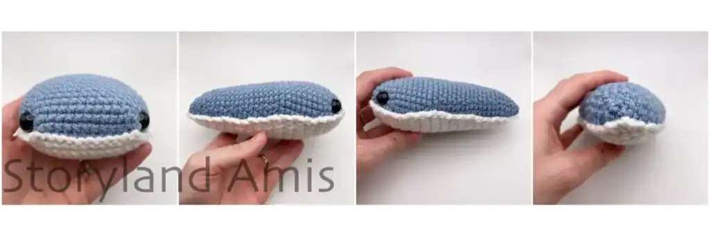 A collage showing a partially finished crocheted whale shark from different angles.