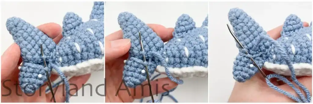 A collage with process photos showing how to sew the tail fin to a crocheted whale shark.