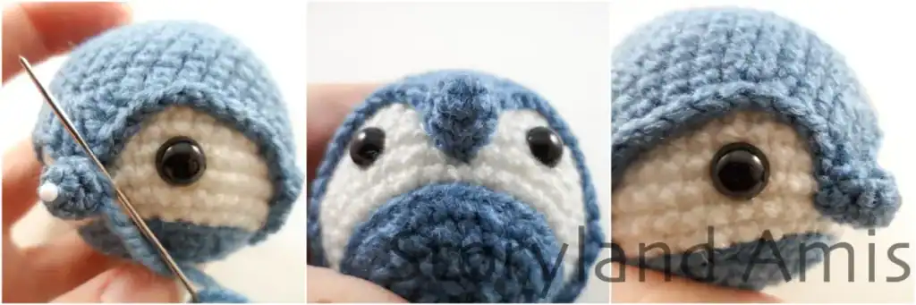 A three-panel image shows how to sew a beak to the head of a baby penguin amigurumi. The first image shows the beak being sewn on with a tapestry needle. The last two images show the beak sewn onto the head, shown from two different angles.