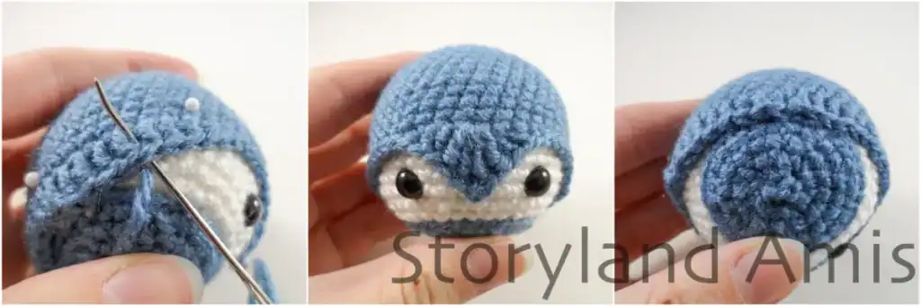 Step-by-step photos show how to sew the hood onto the amigurumi penguin's head.
