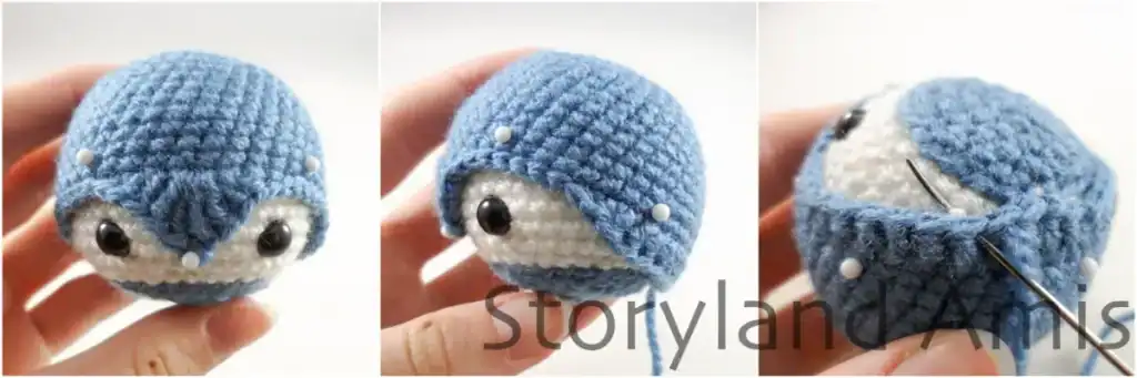 Step-by-step photos show how to position and sew the hood onto the amigurumi penguin's head.