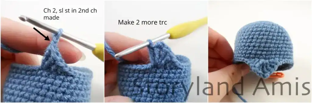 Step-by-step images showing the process of crocheting the border around the hood for an amigurumi penguin using blue yarn and a yellow-handled crochet hook.