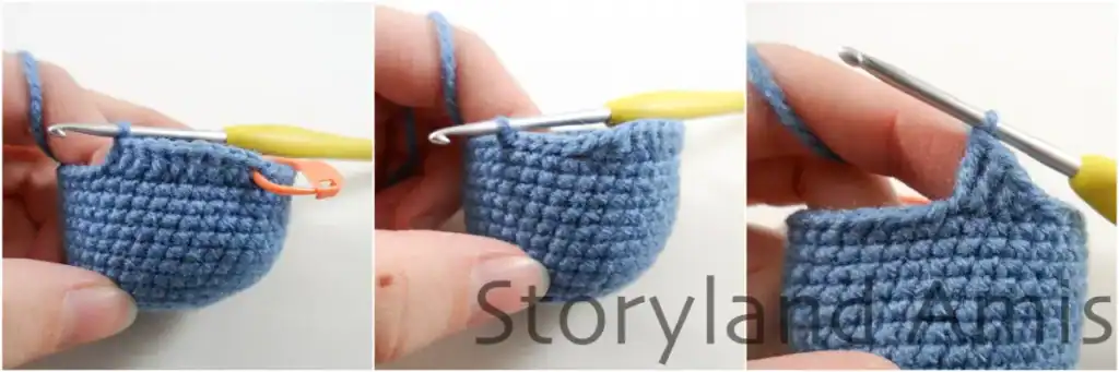 Step-by-step images showing the process of crocheting the border around the hood for an amigurumi penguin using blue yarn and a yellow-handled crochet hook