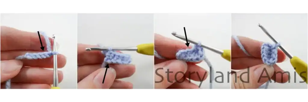 A four-panel image showing step-by-step how to crochet a wing for an amigurumi penguin.