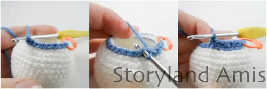 A three-panel image showing step-by-step how to change colors on a crocheted penguin head.