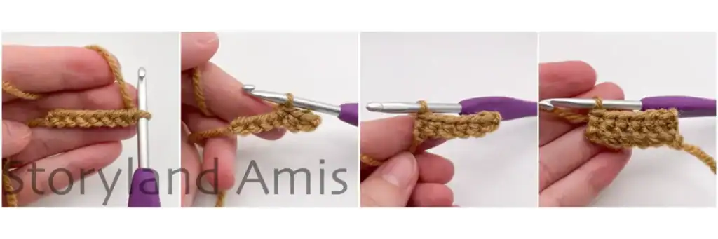 A collage with four photos showing a work-in-progress crocheted pumpkin stem. A hand shows how to crochet the first two rows of a pumpkin stem.