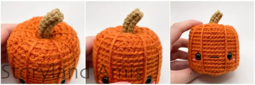 Three-panel image showing a finished amigurumi pumpkin from three different angle. The first image is a close-up of the stem on the top of the pumpkin. The second image is another close-up of the pumpkin stem from a different angle. The third image shows the completed amigurumi pumpkin held by a hand.