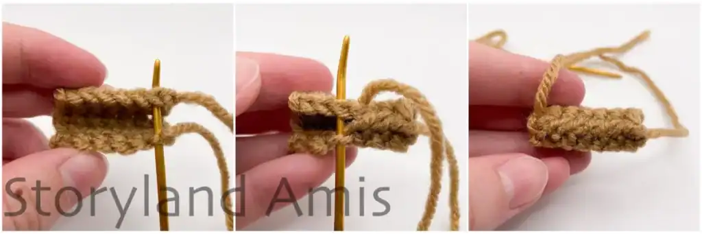 Three-panel image tutorial showing the steps to sew the stem of an amigurumi pumpkin. In the first panel, a flat crocheted piece is folded with a yarn needle inserted vertically. The second panel shows the needle passing through the edges to form a tube shape. The third panel displays the completed stem with the seam closed, forming a neat cylinder.
