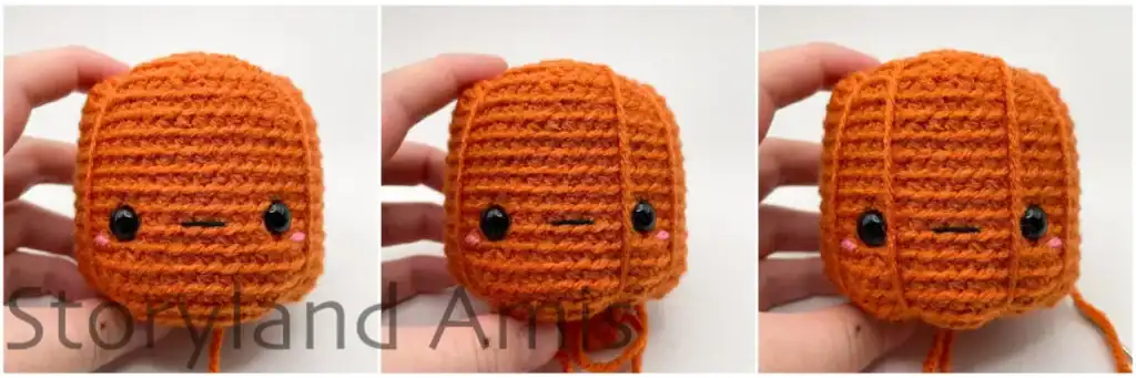 A collage with step-by-step photos showing where to place the ridges on the front of an amigurumi pumpkin.