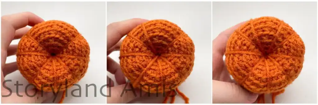 A collage with step-by-step photos showing where to place the ridges on an amigurumi pumpkin.