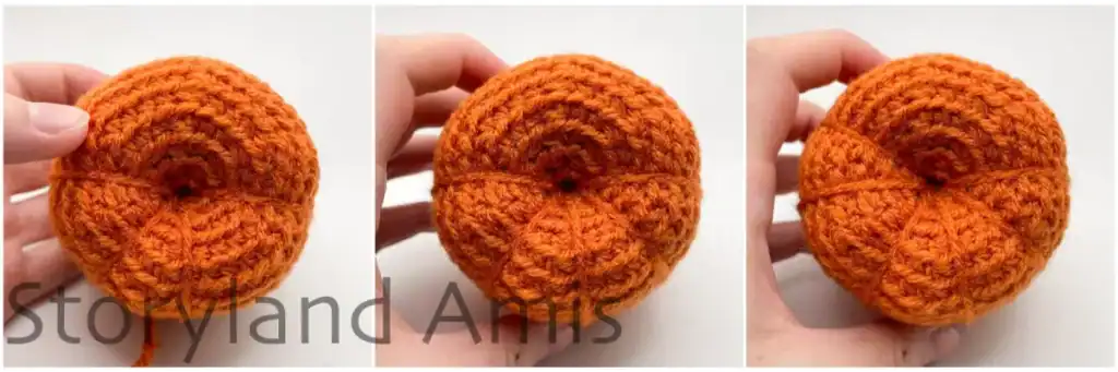 A collage with step-by-step photos showing where to place the ridges on an amigurumi pumpkin.