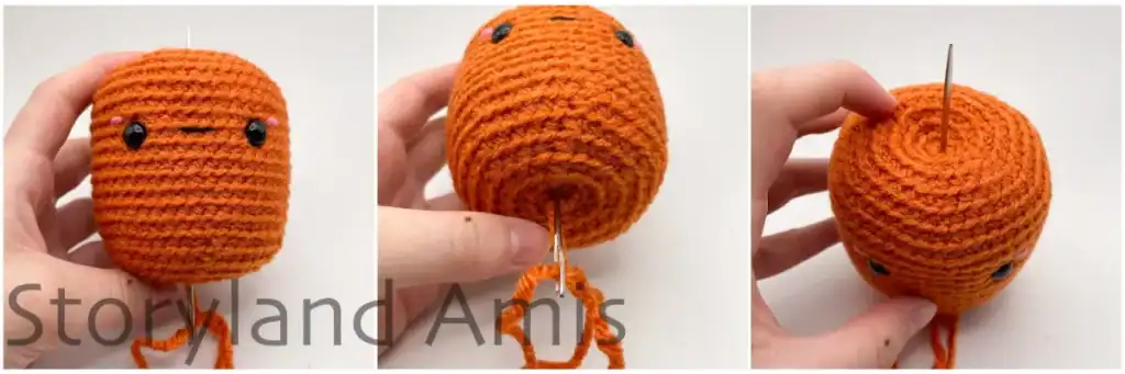 A collage with three photos showing how to pull a tapestry needle through the center of a crocheted pumpkin to create the ridges on the pumpkin.