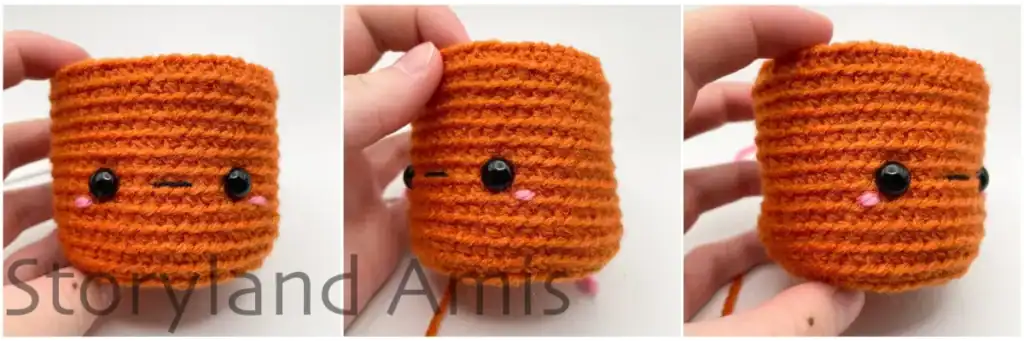 A photo collage showing a partially finished amigurumi pumpkin from three different angles.
