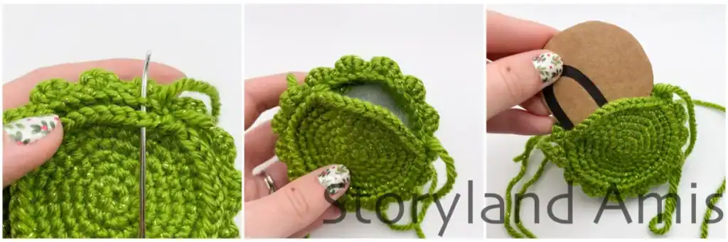 A three-panel image tutorial. The first image shows how to sew the bottom piece of the crocheted Christmas tree to the top. The second image shows the two pieces partially sewn together and stuffing being added to the body of the tree. The third panel shows a cardboard circle being added to the tree's bottom to add stability.