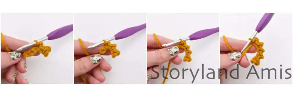 Step-by-step tutorial image showing the beginning stages of crocheting a star. The sequence demonstrates creating a foundation chain, inserting the hook into stitches, and forming the first rounds with mustard yellow yarn.