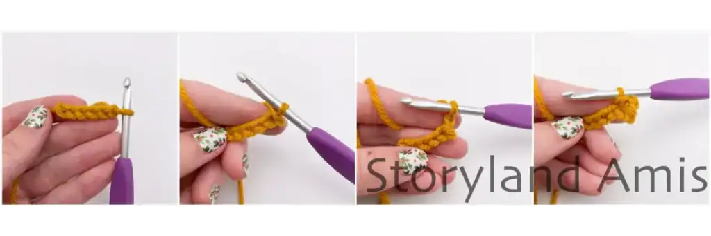 Step-by-step tutorial image showing the beginning stages of crocheting a star. The sequence demonstrates creating a foundation chain, inserting the hook into stitches, and forming the first rounds with mustard yellow yarn.