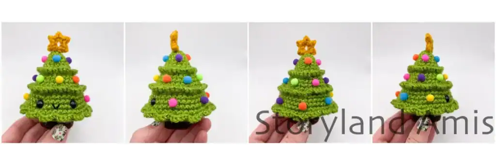 A four-panel image showing a hand holding up a completed amigurumi Christmas tree from four different angles.