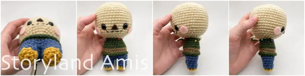 A four-panel image tutorial showing how to correctly position the amigurumi scarecrow's body to its head. Each image shows the body pinned to the head from a different angle.