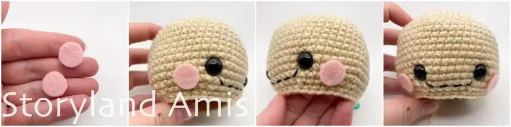 Four-panel image tutorial showing felt cheeks and where to place them on an amigurumi scarecrow. In the first image, a hand holds two pink felt cheeks. The second image shows the right cheek placed on the scarecrow's head. The third image shows the left cheek placed on the scarecrow's head. The fourth image shows the scarecrow's head shown from the front, with the two felt cheeks placed on either side of the face.
