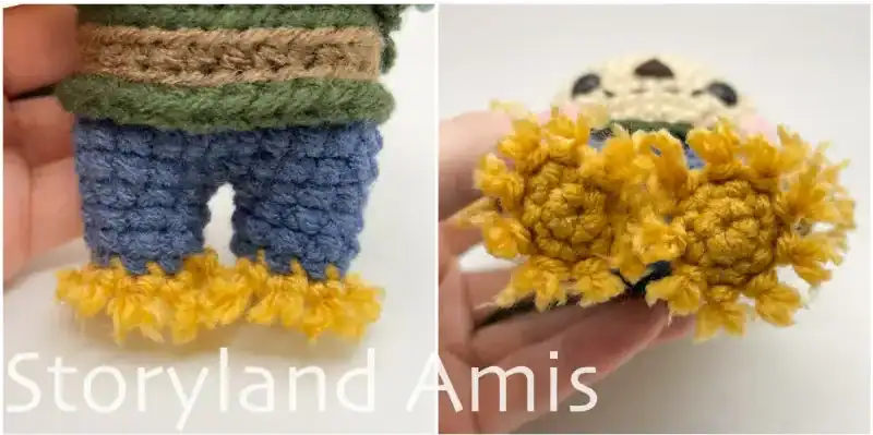 A two-panel image showing a close-up of the finished fringe on an amigurumi scarecrow's feet. The feet are shown from two different angles.