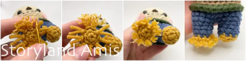 A four-panel image tutorial showing how to fray the yarn fringe on the bottom of the crocheted scarecrow body. The first two images show how to fray the yarn ends using a tapestry needle. The last two images show the finished fringe neatly trimmed.