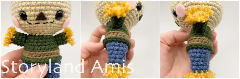 A three-panel image showing close-ups of an amigurumi scarecrow from three different angles. The first image shows the scarecrow from the front, focusing on the position of the arms. The last two images show the scarecrow from the left and right sides, showing the position of the arms.