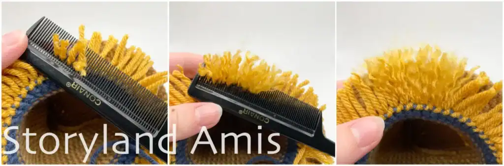 A three-panel image tutorial showing how to brush out a yarn fringe on a crocheted hat using a fine-tooth comb. The first two images show a hand using a black fine-tooth comb to brush out the yarn fringe. The last image shows the fringe brushed out.