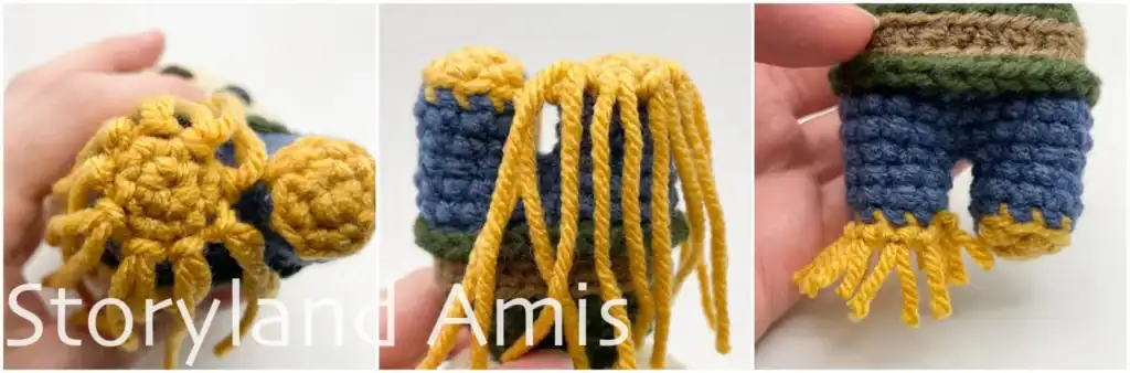 A three-panel image tutorial showing a yarn fringe added to the bottom of a crocheted scarecrow body. The last image shows the fringe trimmed short.