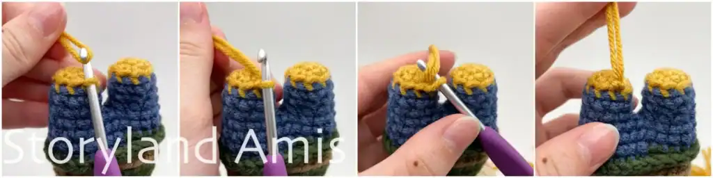 A four-panel image tutorial showing step-by-step how to add a yarn fringe to the bottom of the legs of an amigurumi scarecrow.