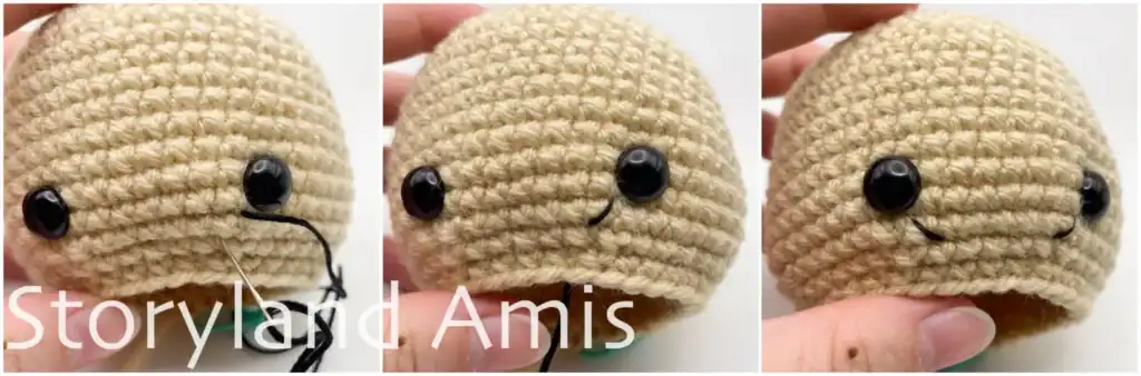 Three-panel image tutorial showing step-by-step how to embroider the mouth on the amigurumi scarecrow.