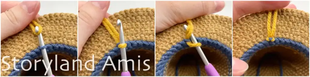 A four-panel image tutorial showing step-by-step how to add a yarn fringe to the brim of a crocheted hat for an amigurumi scarecrow.