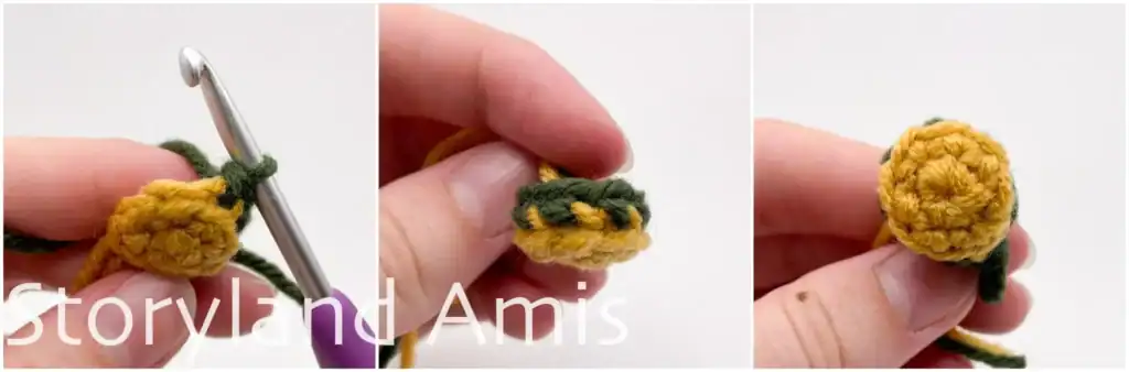 Three-panel image tutorial showing how to crochet in the back loops only for an amigurumi scarecrow's arm.