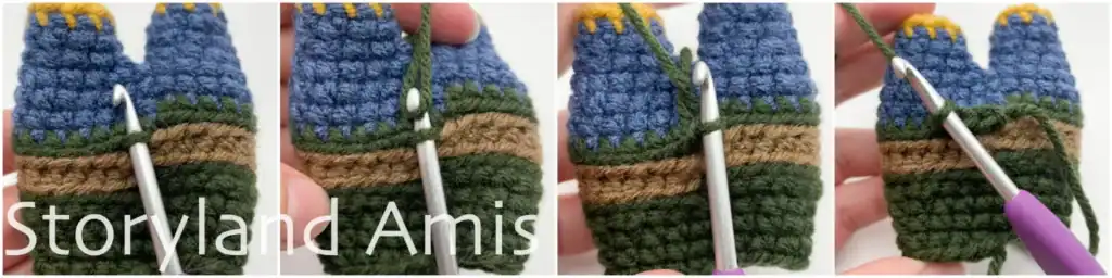 A four-panel image tutorial showing how to crochet the shirt trim on an amigurumi scarecrow's body.